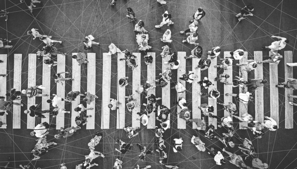Smart technologies for people control concept. Deep learning and intelligence concept. Network idea. People connected by a network. Crosswalk connections