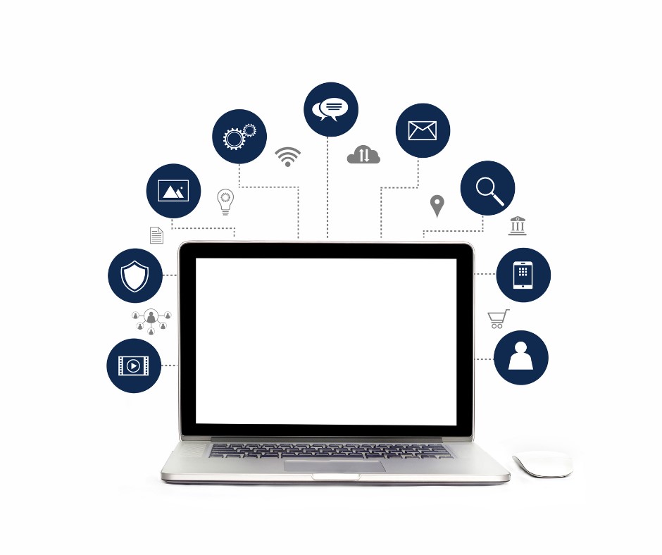 laptop computer with Digital Intelligence and Open-Source Data icons surrounding it